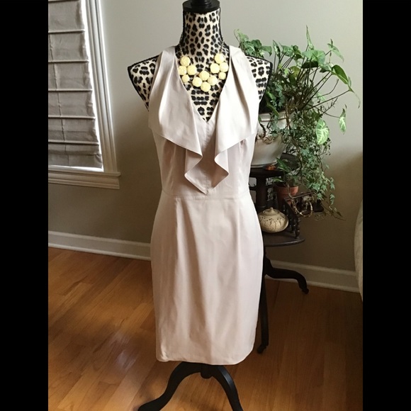 Ann Taylor Dresses & Skirts - Ann Taylor Tan  Lined  Dress with Ruffle Front